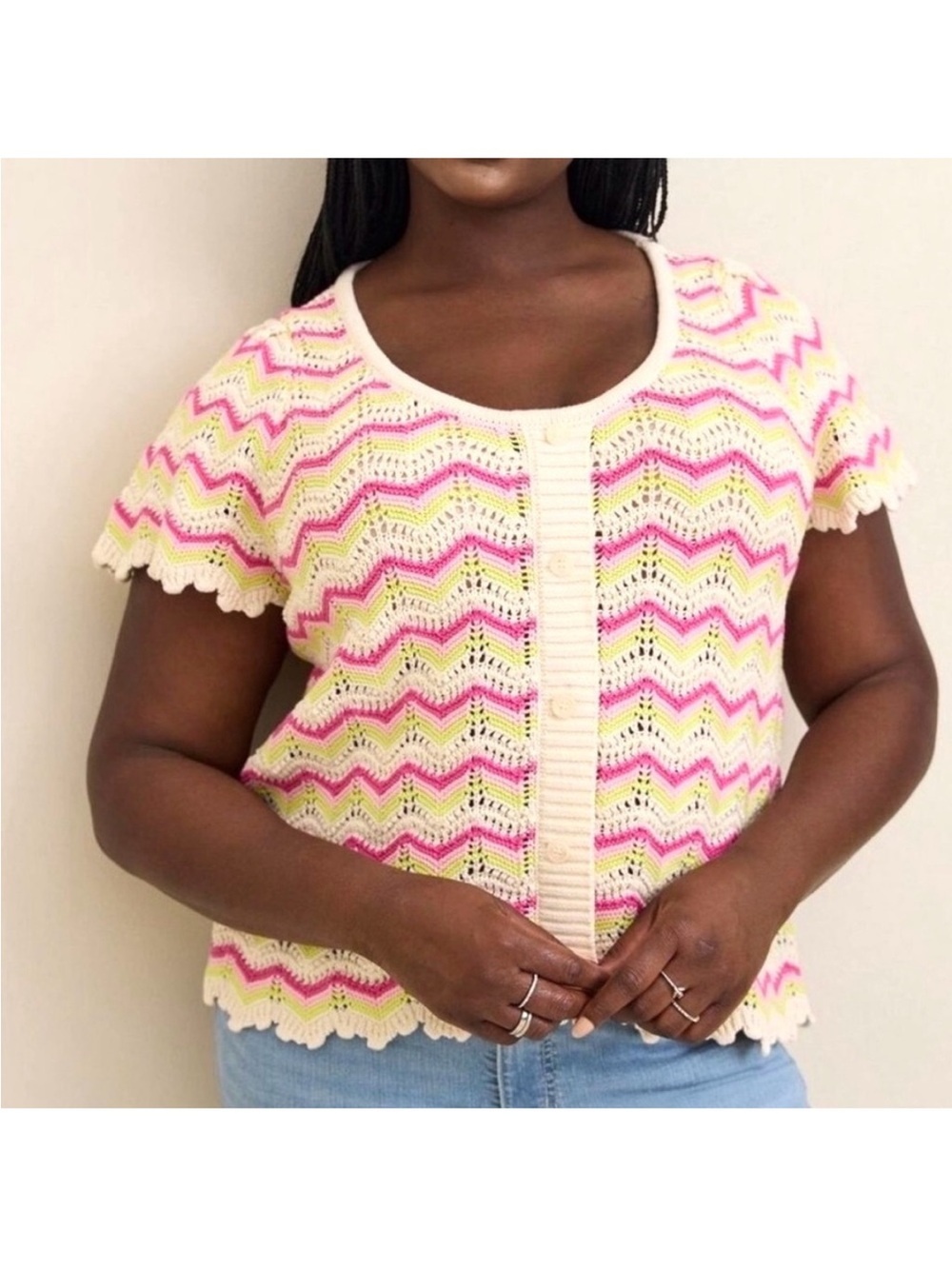 Torrid Crochet Pointelle Chevron Button-Front Flutter Sleeve Sweater 2X